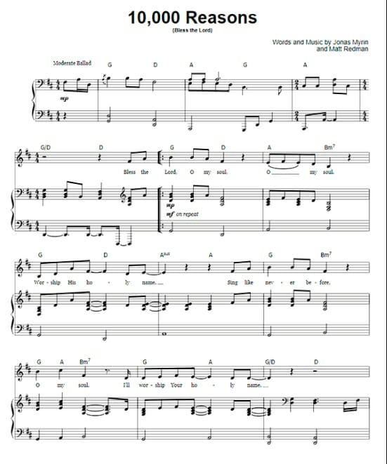 10000 reasons printable free sheet music for piano 