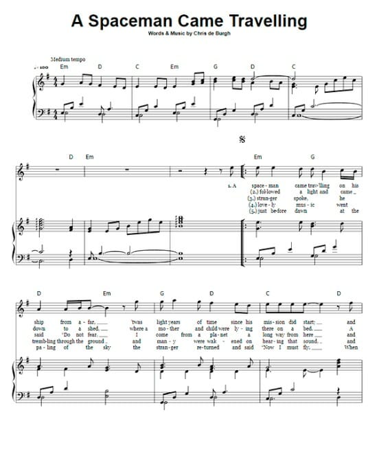 a spaceman came travelling printable free sheet music for piano 