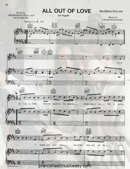 all out of love printable free sheet music for piano 