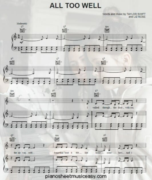 all too well printable free sheet music for piano 