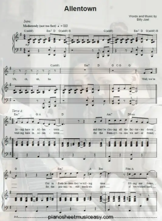allentown printable free sheet music for piano 