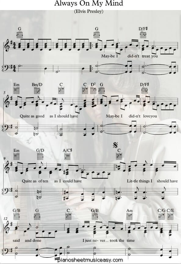 always on my mind printable free sheet music for piano 