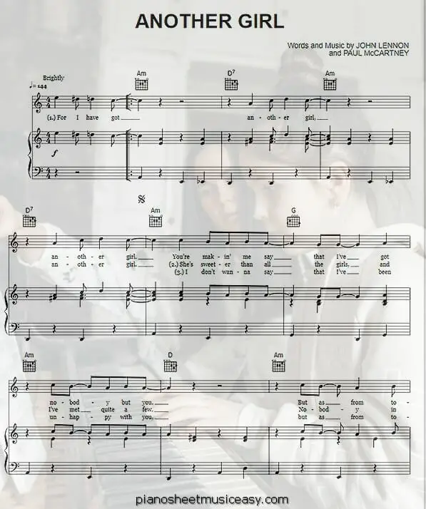 another girl beatles printable free sheet music for piano 
