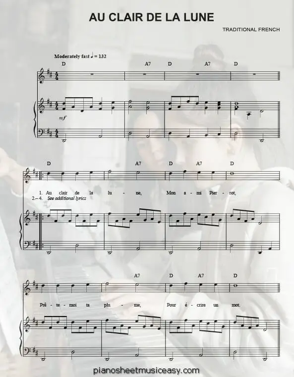 au clair la lune printable free sheet music for piano 