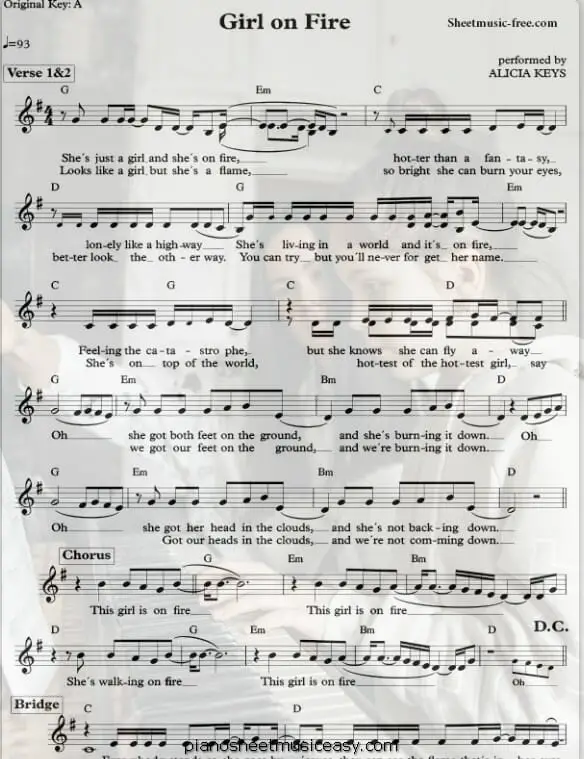 girl on fire printable free sheet music for piano 