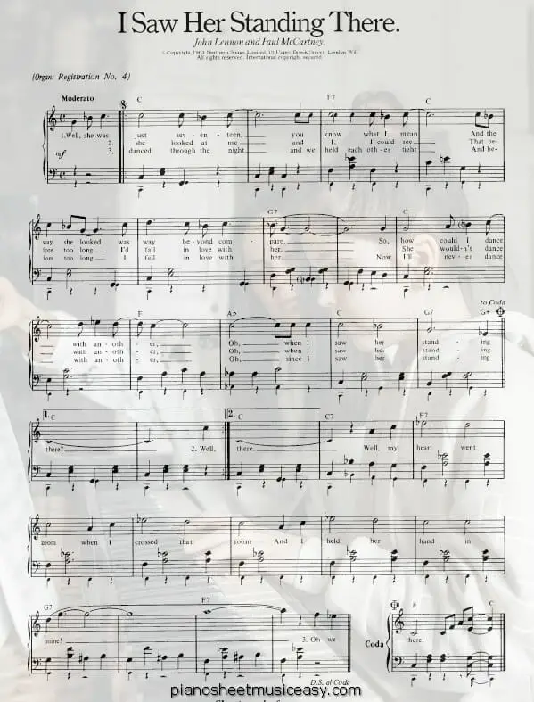 i saw her standing there printable free sheet music for piano 