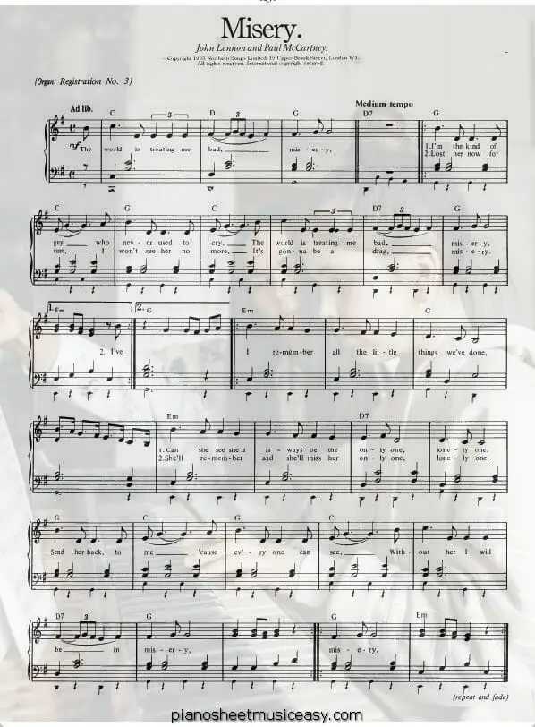 misery printable free sheet music for piano 