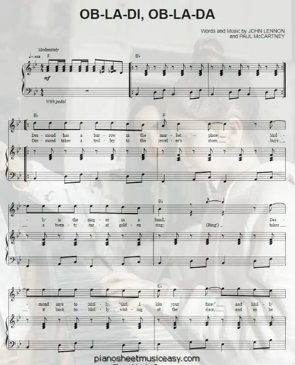 ob la di ob la da printable free sheet music for piano 