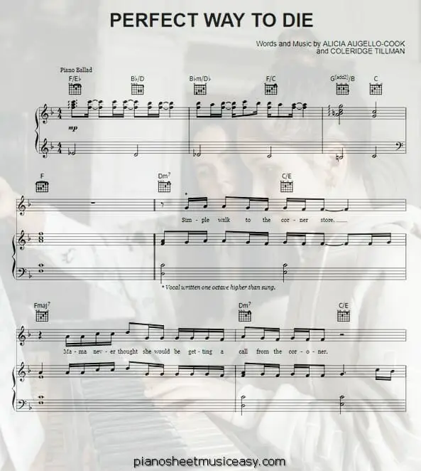 perfect way to die printable free sheet music for piano 