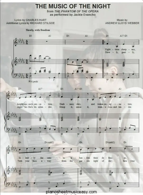 Music Of The Night printable free sheet music for piano 