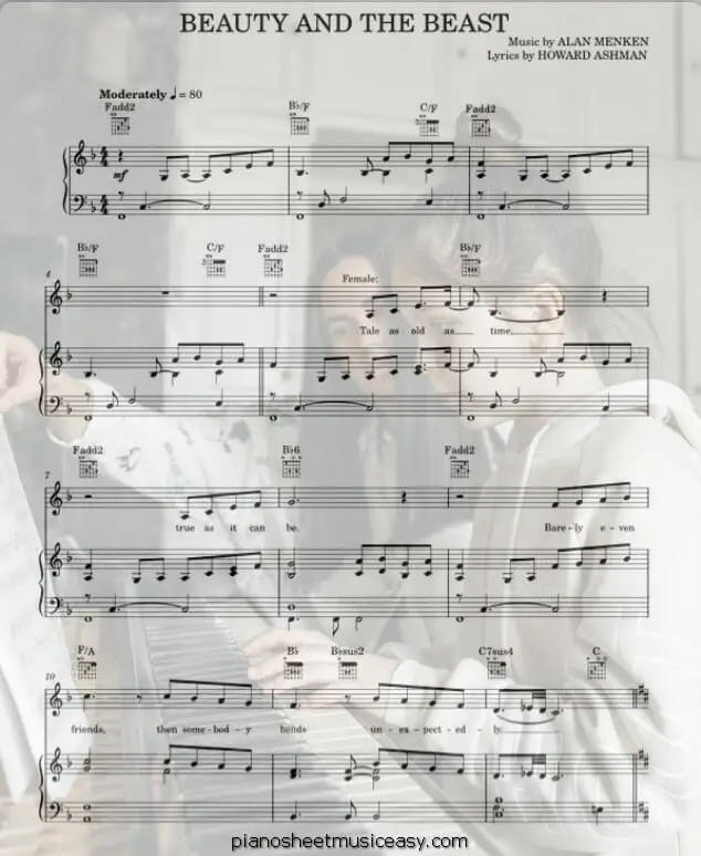 beauty and the beast printable free sheet music for piano 