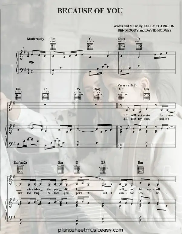 because of you kelly clarkson printable free sheet music for piano 