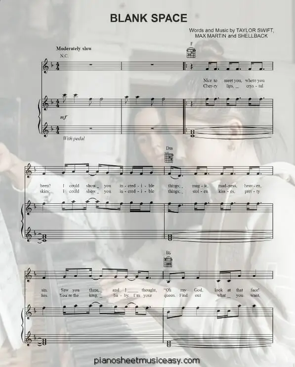 blank space printable free sheet music for piano 