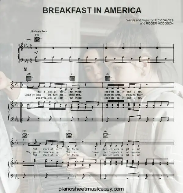 breakfast in america printable free sheet music for piano 
