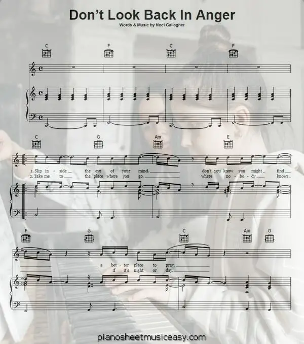 dont look back in anger printable free sheet music for piano 