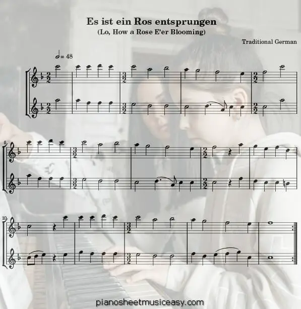 es ist ein ros entsprungen flute printable free sheet music for piano 