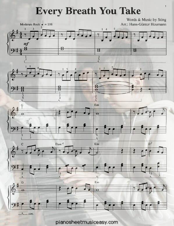 every breath you take printable free sheet music for piano 