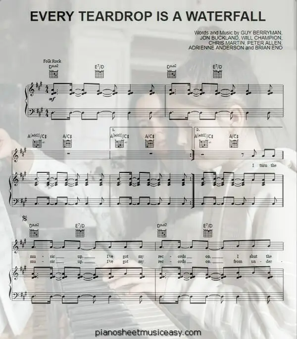 every teardrop is a waterfall printable free sheet music for piano 