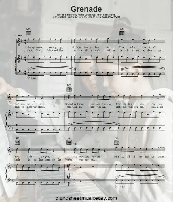 grenade printable free sheet music for piano 