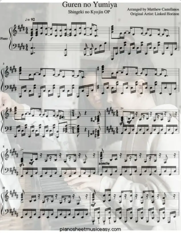 guren no yumiya printable free sheet music for piano 
