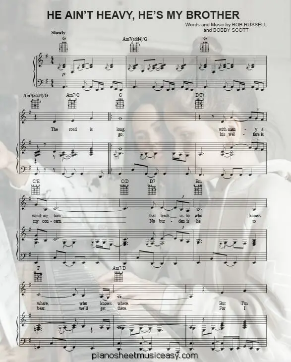 he aint heavy hes my brother printable free sheet music for piano 