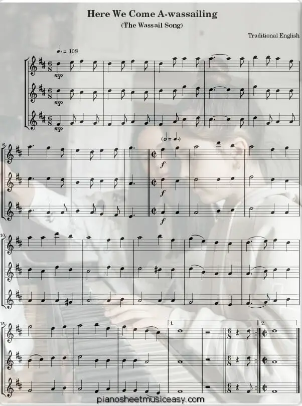 here we come a wassailing flute printable free sheet music for piano 