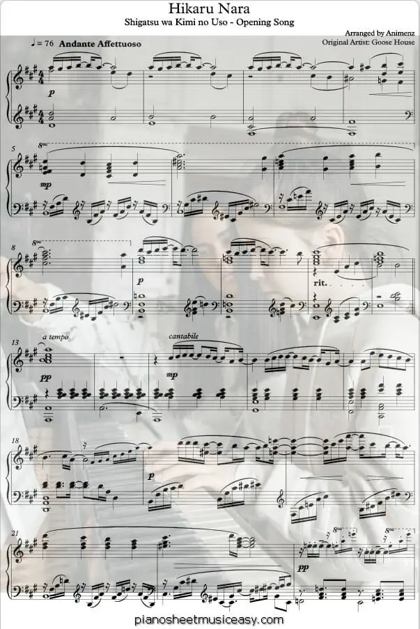 hikaru nara printable free sheet music for piano 