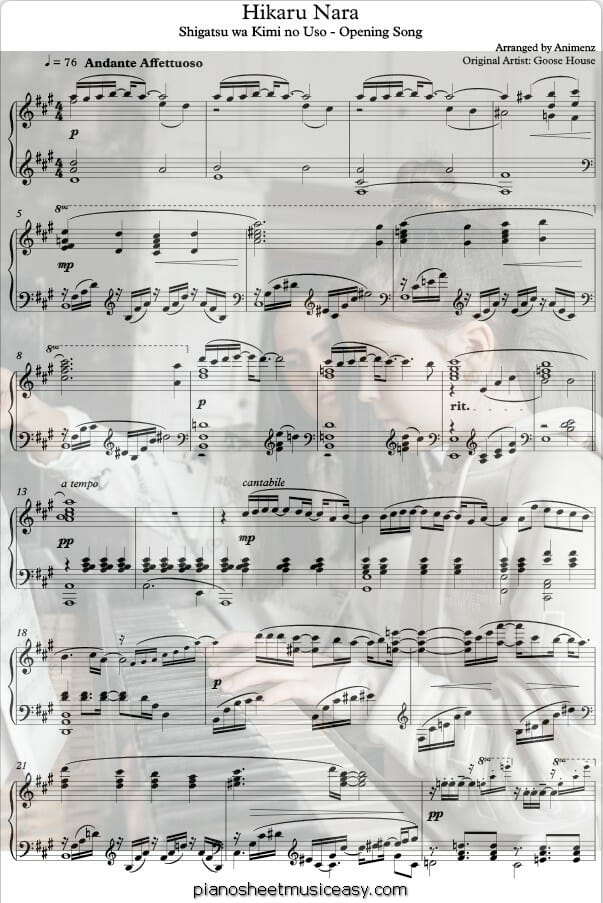 Hikaru Nara Sheet Music Shigatsu wa Kimi no Uso - ♪ SHEETMUSIC