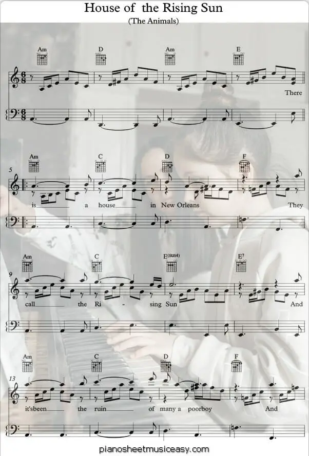 house of the rising sun printable free sheet music for piano 