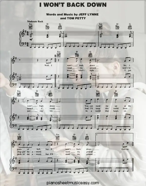 i wont back down printable free sheet music for piano 