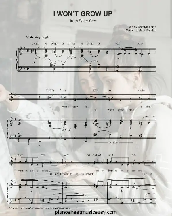 i wont grow up printable free sheet music for piano 