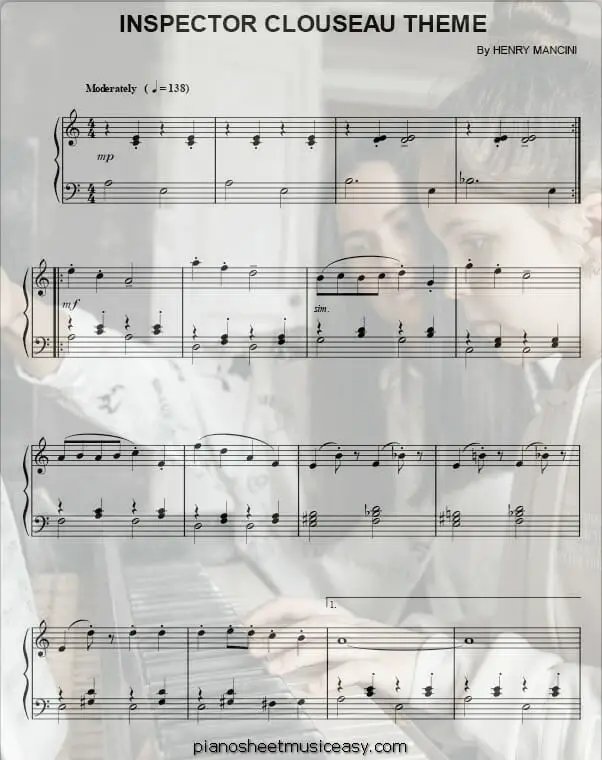 inspector clouseau theme printable free sheet music for piano 