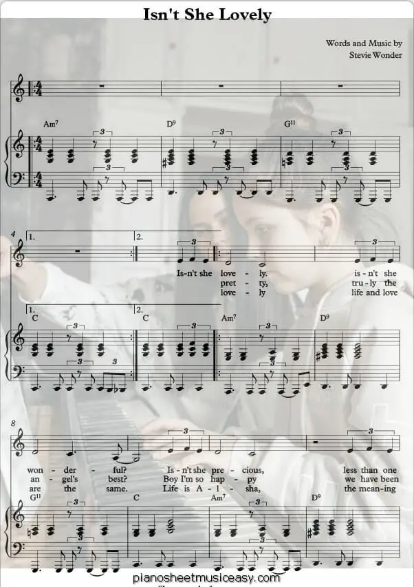 isnt she lovely printable free sheet music for piano 