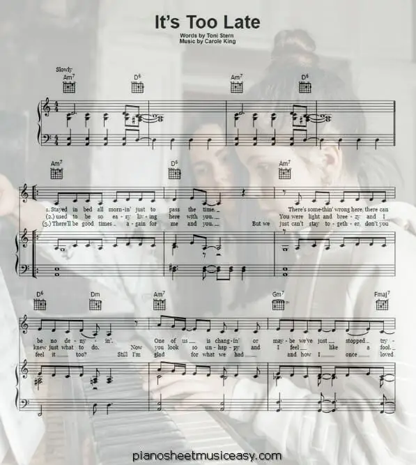 its too late printable free sheet music for piano 
