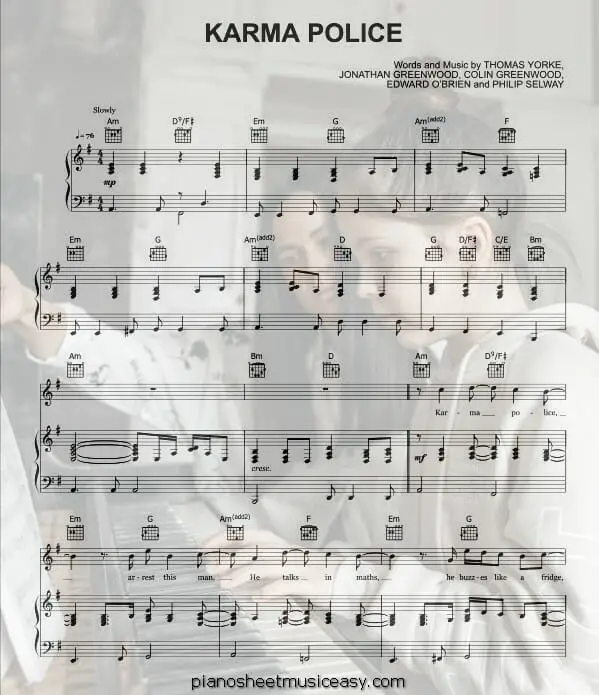 karma police printable free sheet music for piano 