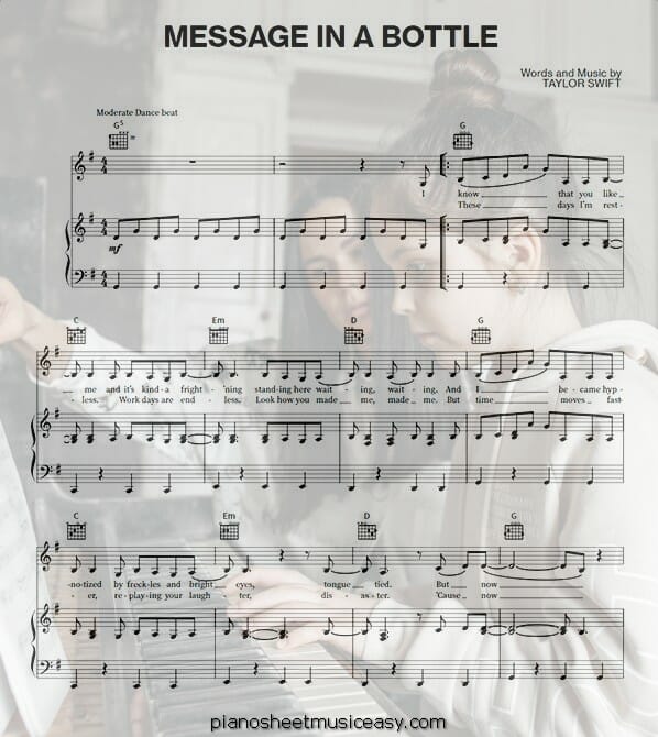 message in a bottle taylor swift printable free sheet music for piano 