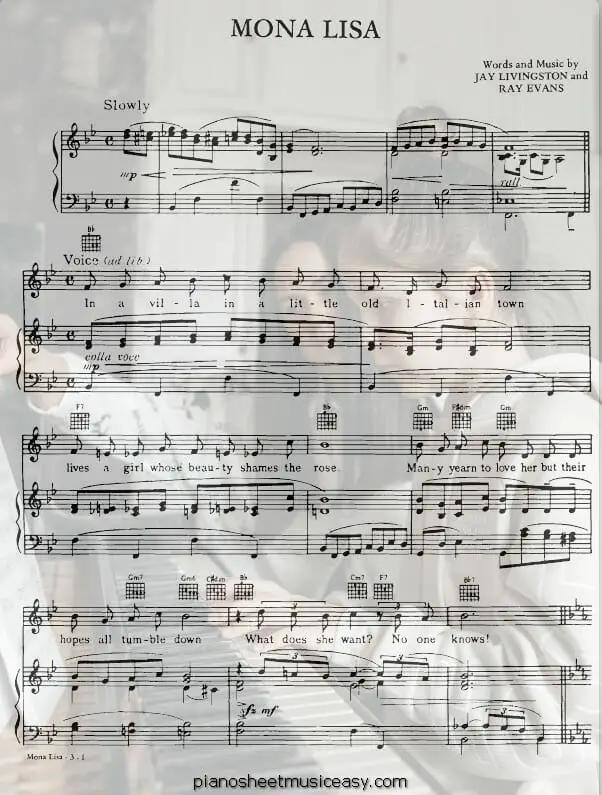 mona lisa printable free sheet music for piano 