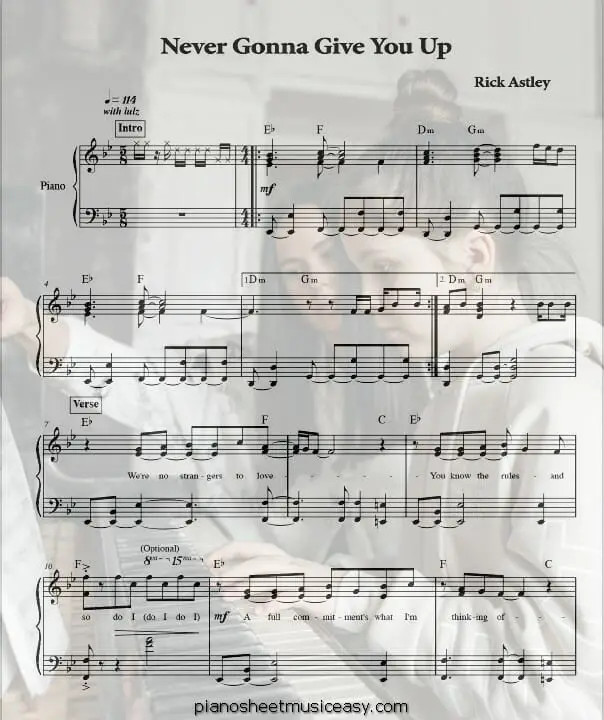 never gonna give you up printable free sheet music for piano 