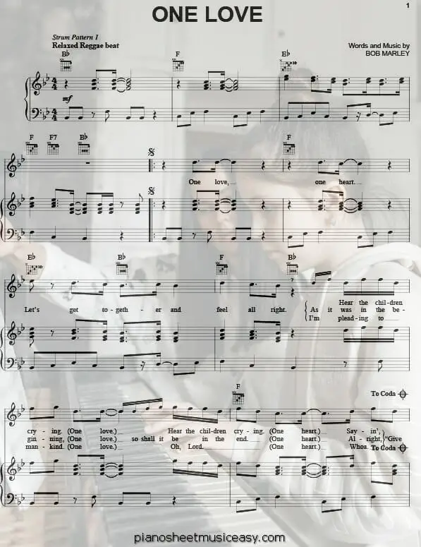 one love printable free sheet music for piano 