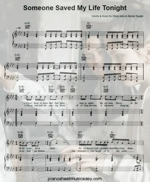 someone saved my life tonight printable free sheet music for piano 