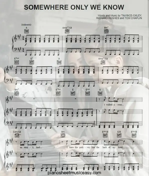 somewhere only we know keane printable free sheet music for piano 