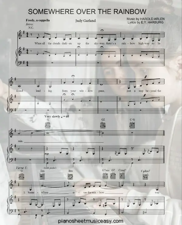 somewhere over the rainbow printable free sheet music for piano 