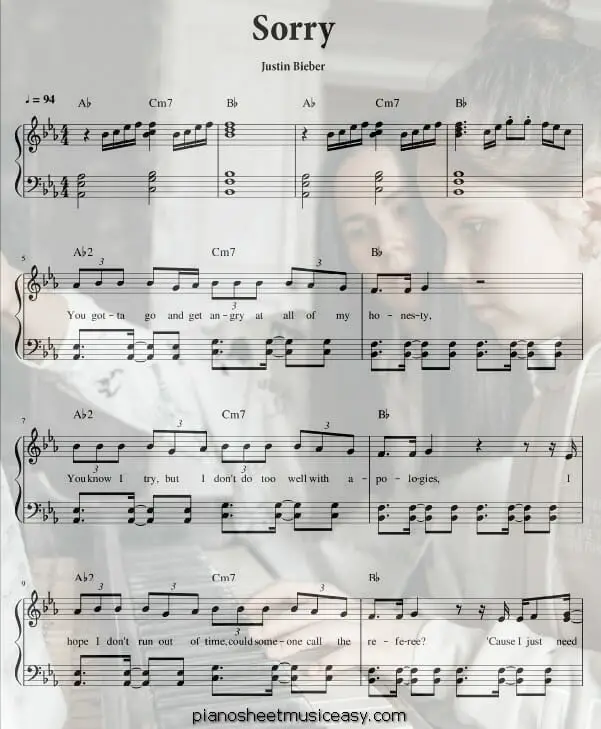 sorry justin bieber printable free sheet music for piano 