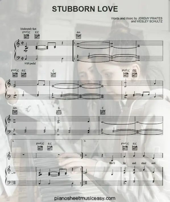 stubborn love printable free sheet music for piano 