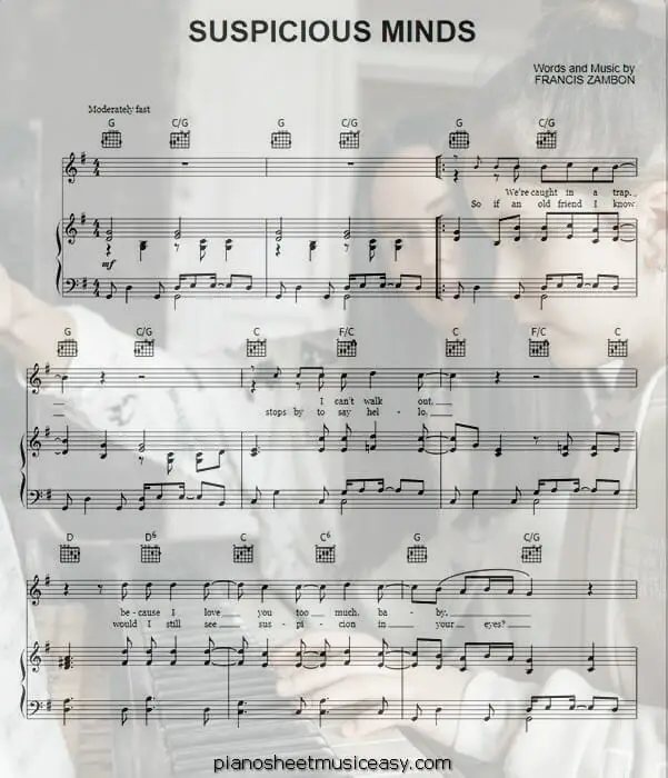suspicious minds printable free sheet music for piano 