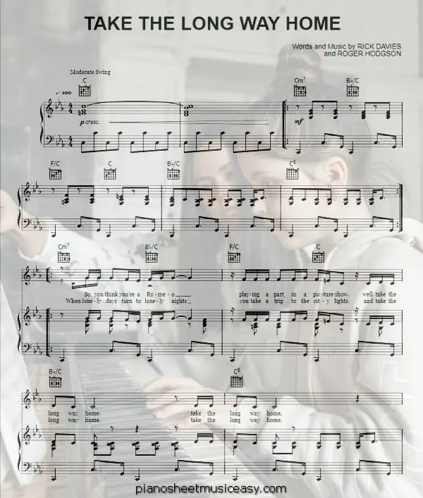 take the long way home printable free sheet music for piano 
