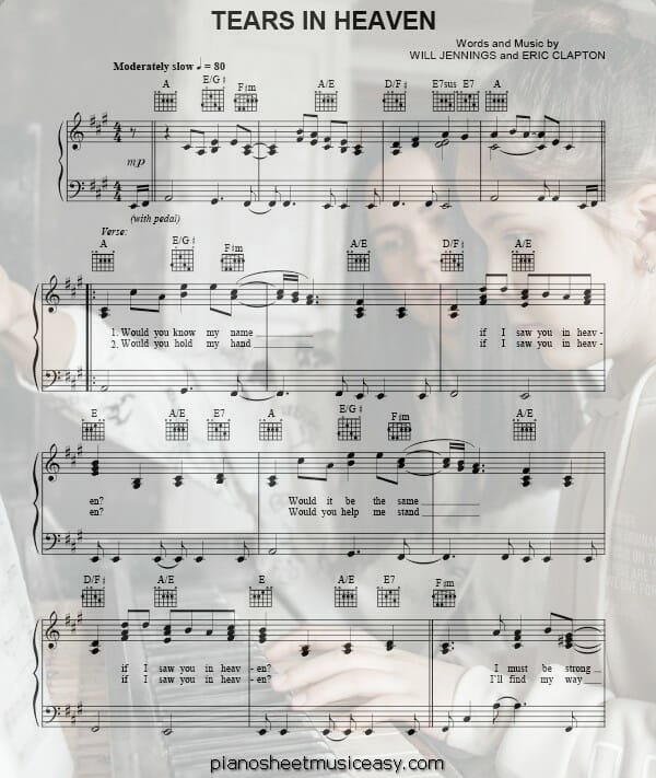 tears in heaven printable free sheet music for piano 