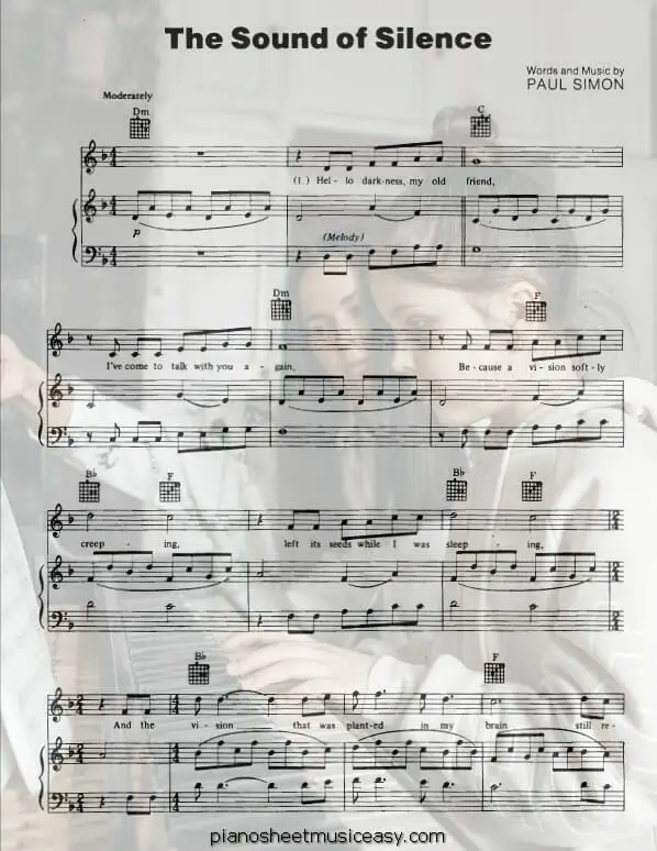 the sound of silence printable free sheet music for piano 