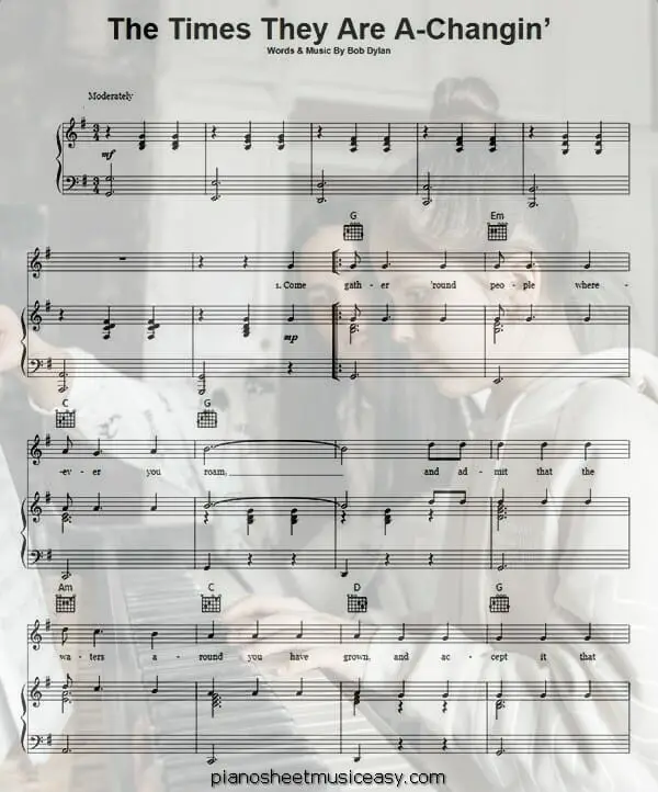 the times they are a changing printable free sheet music for piano 