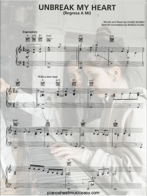 unbreak my heart printable free sheet music for piano 